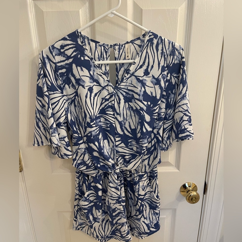 TYCHE blue and white romper with tie waist detail